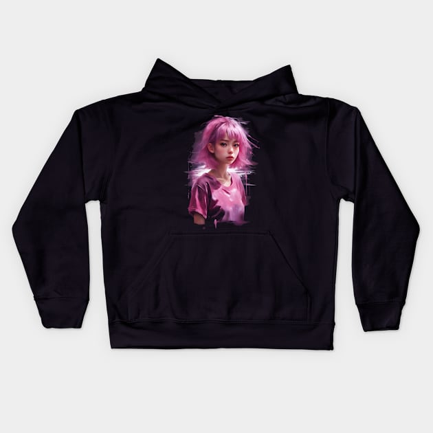 Pink hair anime girl Kids Hoodie by Ravenglow